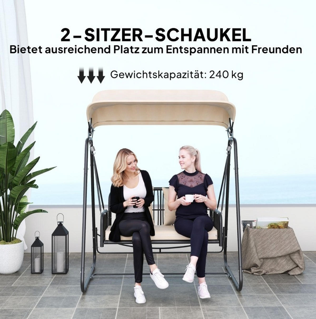 HOLLYWOODSCHAUKEL 149/121/180 cm mit verstellbarem Sonnendach und Kissen, Stahl, Khaki - Beige, Metall (121/180/149cm) - Redom