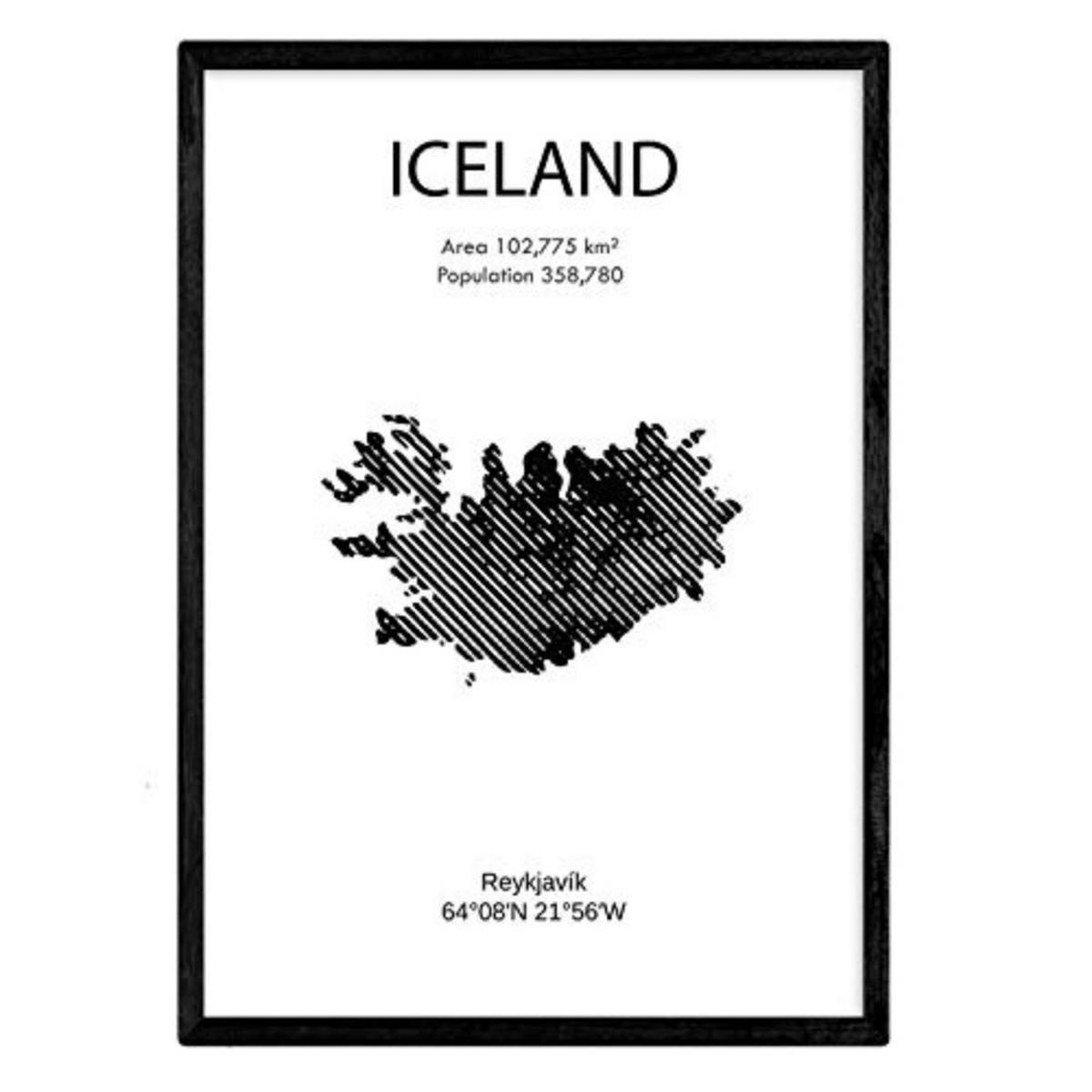 POSTER Länder & Kontinente Island A3 Schwarzer Rahmen - Schwarz, Papier (29.7/5/42cm) - Nacnic