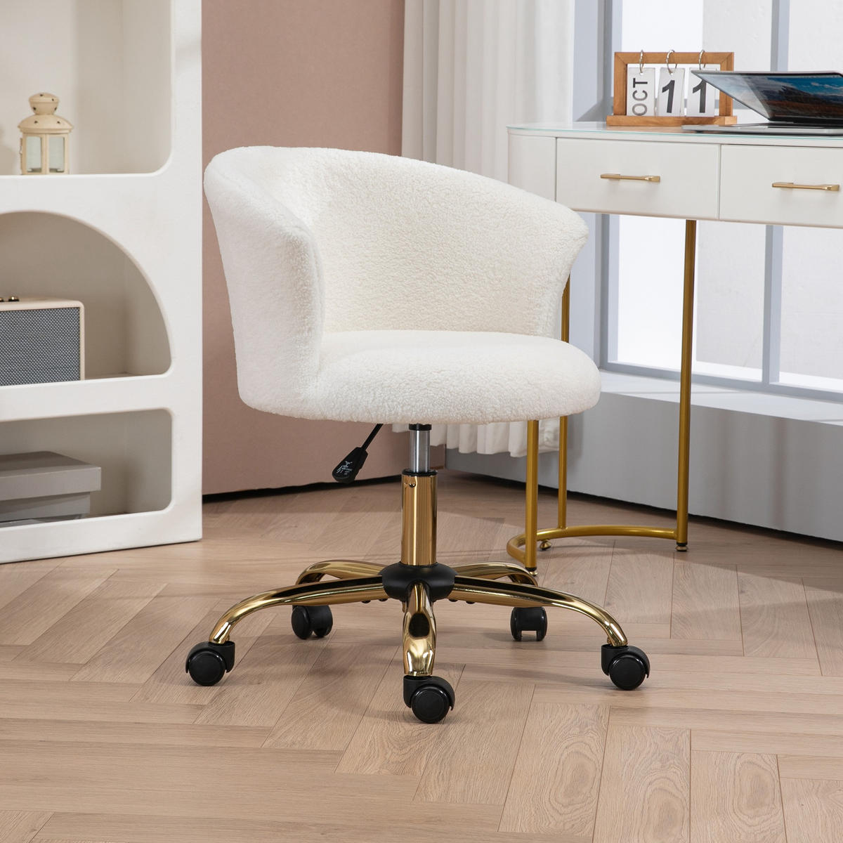 SCHREIBTISCHSTUHL, höhenverstellbarer Bürostuhl mit Teddy-Fleece-Optik Weiß - Goldfarben/Weiß, Textil/Metall (56/76/58cm) - Vinsetto