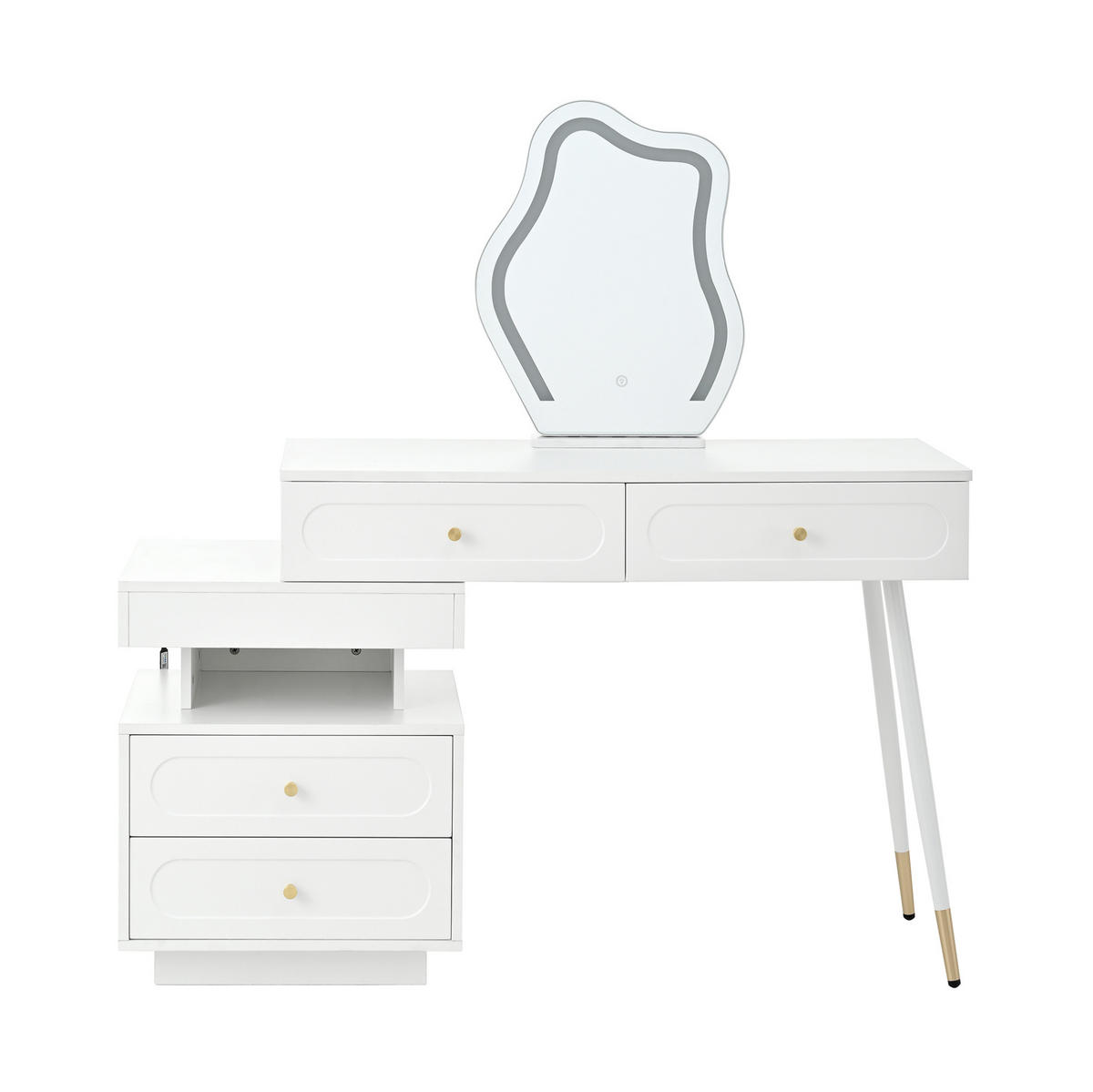 SCHMINKTISCH 140/40/130 cm mit LED-Spiegel, 4 Schubladen und flexiblem Seitenschrank, Weiß - Weiß, Holzwerkstoff (40/130/140cm) - Redom