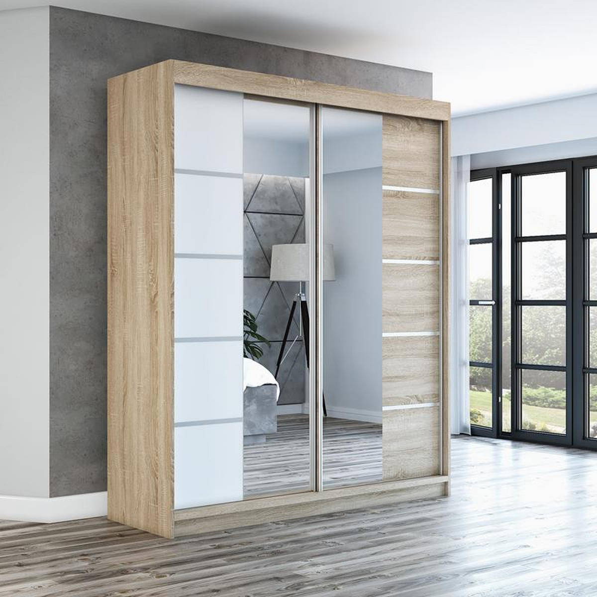 SCHWEBETÜRENSCHRANK 180 CM KRINO Farbe: Sonoma / weiß / sonoma - Braun/Weiß, Holzwerkstoff (180/215/59.5cm) - A&J MöbelLand