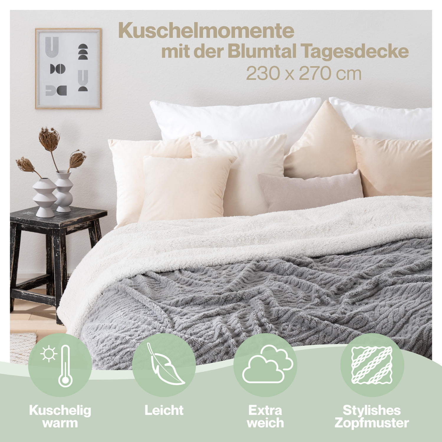 Thumbnail - Blumtal Kuscheldecke, Grau, Sonoma Eiche, Textil, Rechteckig, 230x270 cm, Oeko-Tex® Standard 100, Wohntextilien, Decken,...