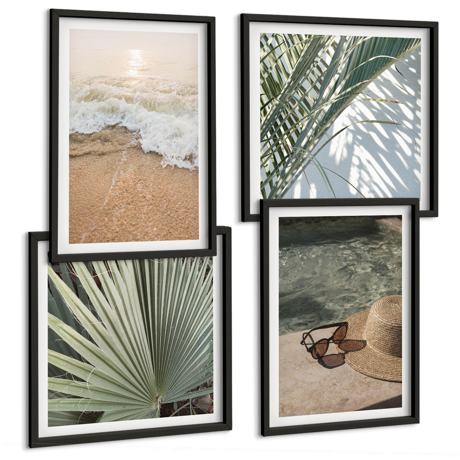 BILDER SET 4er Set - 50x50 cm & 40x60 cm Schwarzer Rahmen - Strandhut und Sonnenbrille - Schwarz, Kunststoff (50/50cm) - TULUP