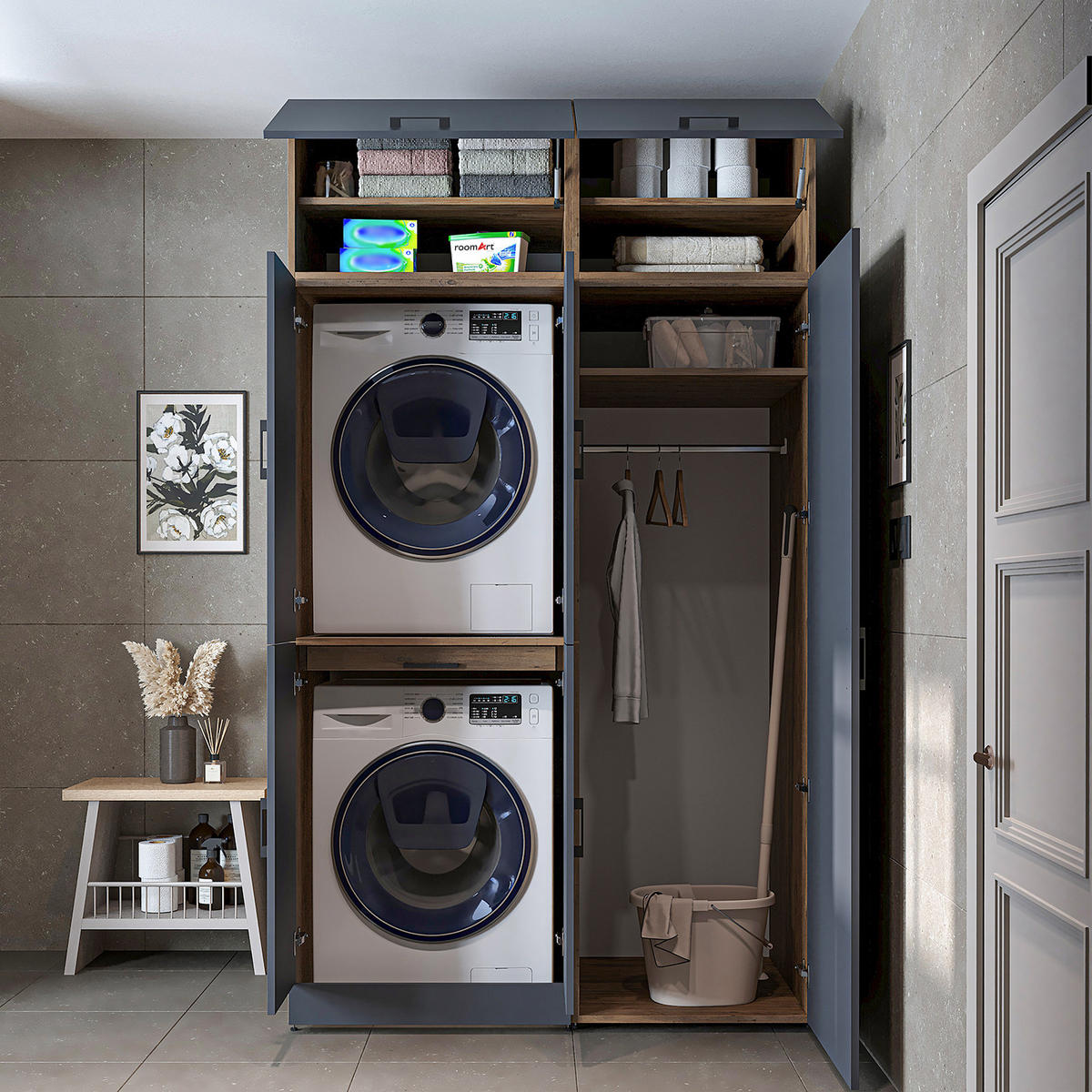 WASCHMASCHINENSCHRANK DORA-I 130cm Breit, 230cm Hoch - Anthrazit, Holzwerkstoff (130/230/73.8cm)