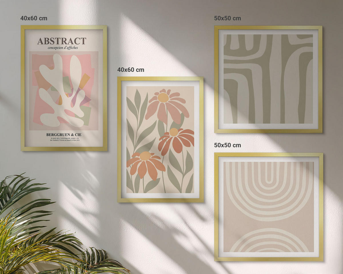 WANDBILDER 4er Set - 50x50 cm & 40x60 cm Goldrahmen - Abstrakte Pflanzenformen - Goldfarben, Kunststoff (50/50cm) - ArtPrintCave
