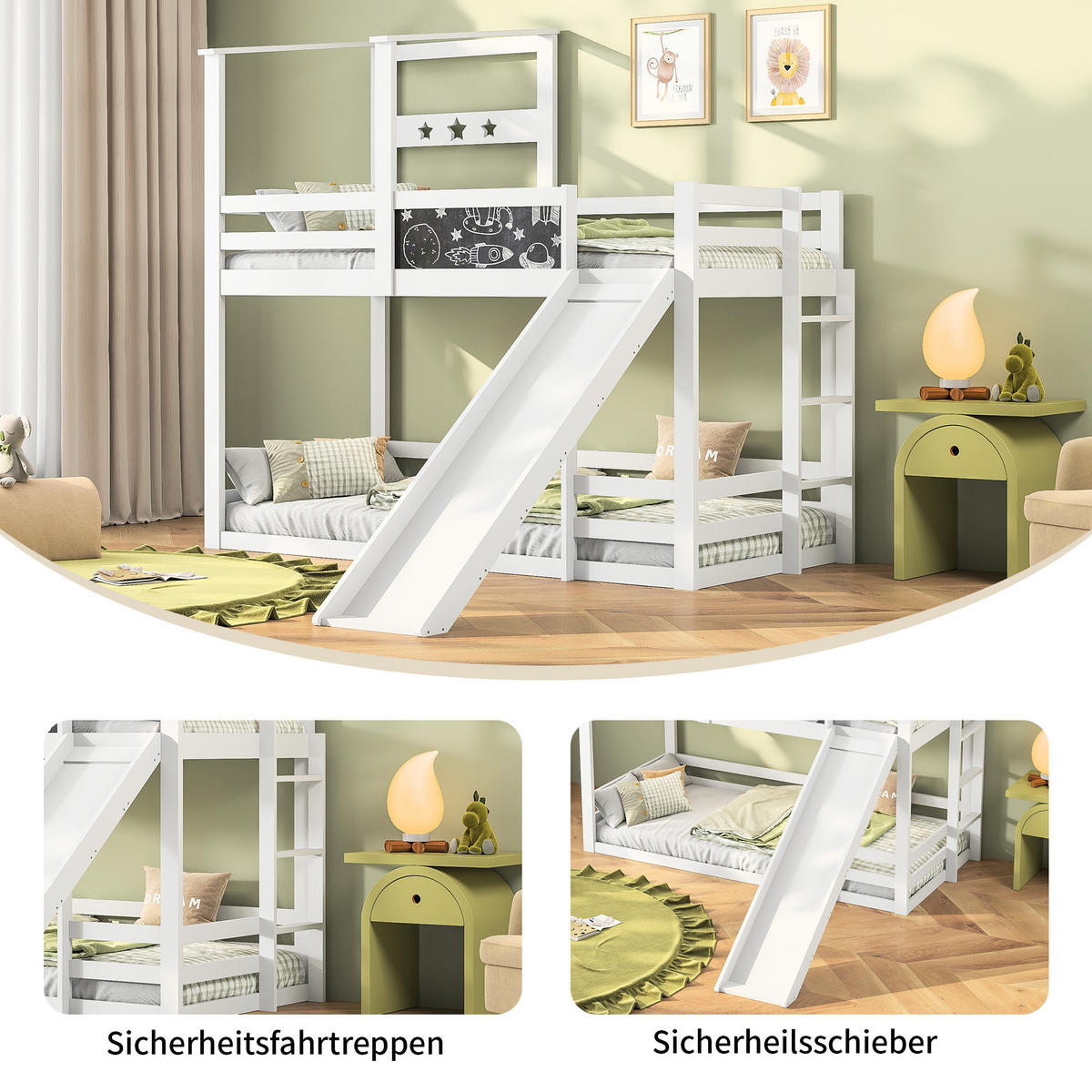 ETAGENBETT 90x200 cm Kinderbett mit Tafel, Rutsche & Stauraum - Weiß, Holz