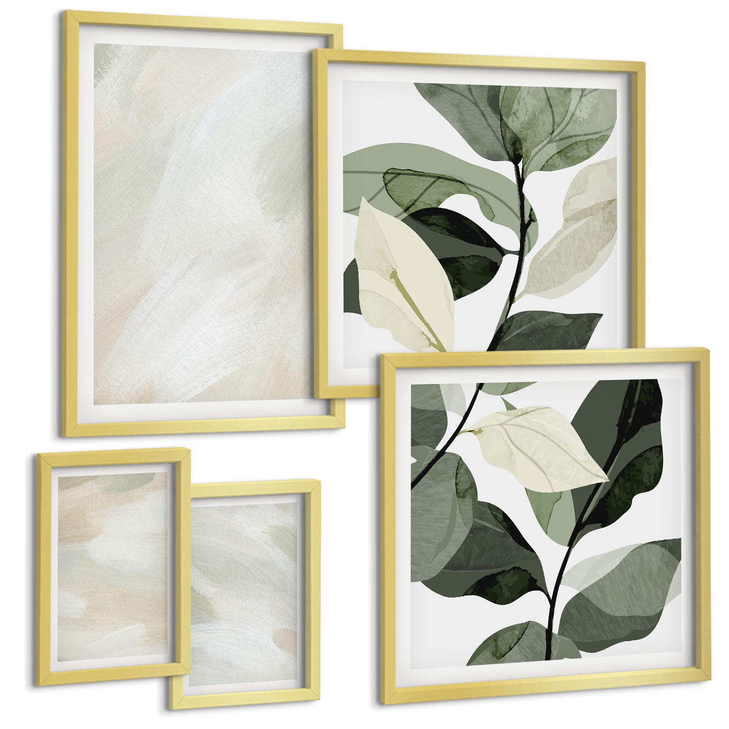 BILDER SET 5er Set - 50x50 cm & 20x30 cm & 40x60 cm Goldrahmen - Leuchtende, abstrakte Boho-Farben - Goldfarben, Kunststoff (40/60cm) - TULUP
