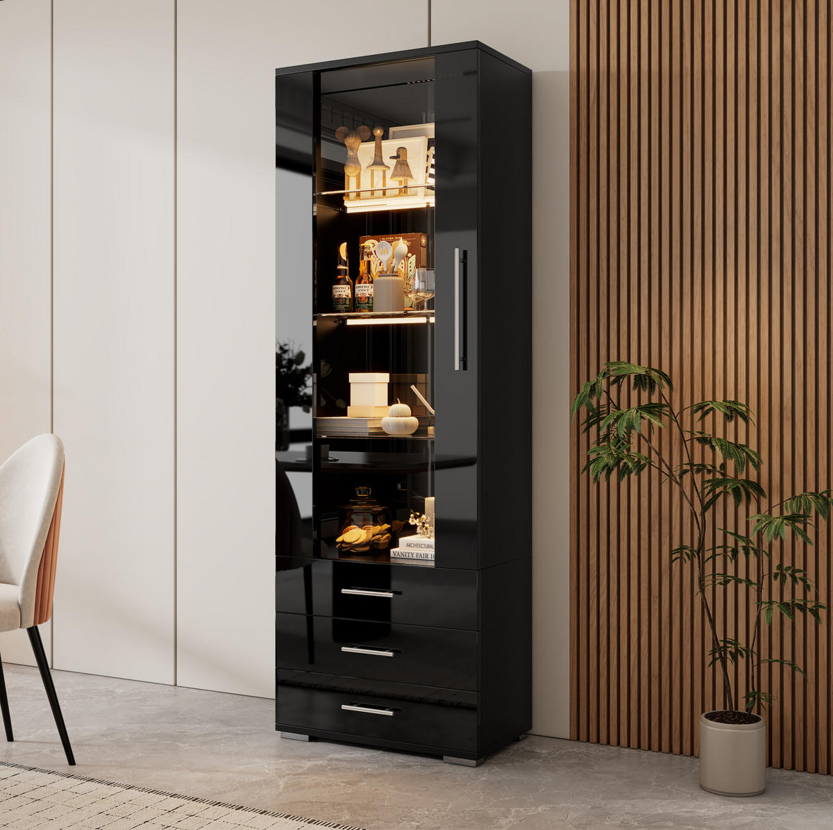 VITRINE 60/35/180 cm in Schwarz mit LED-Beleuchtung und 3 Schubladen - Schwarz, Holzwerkstoff (60/180/35cm) - Flora Grace