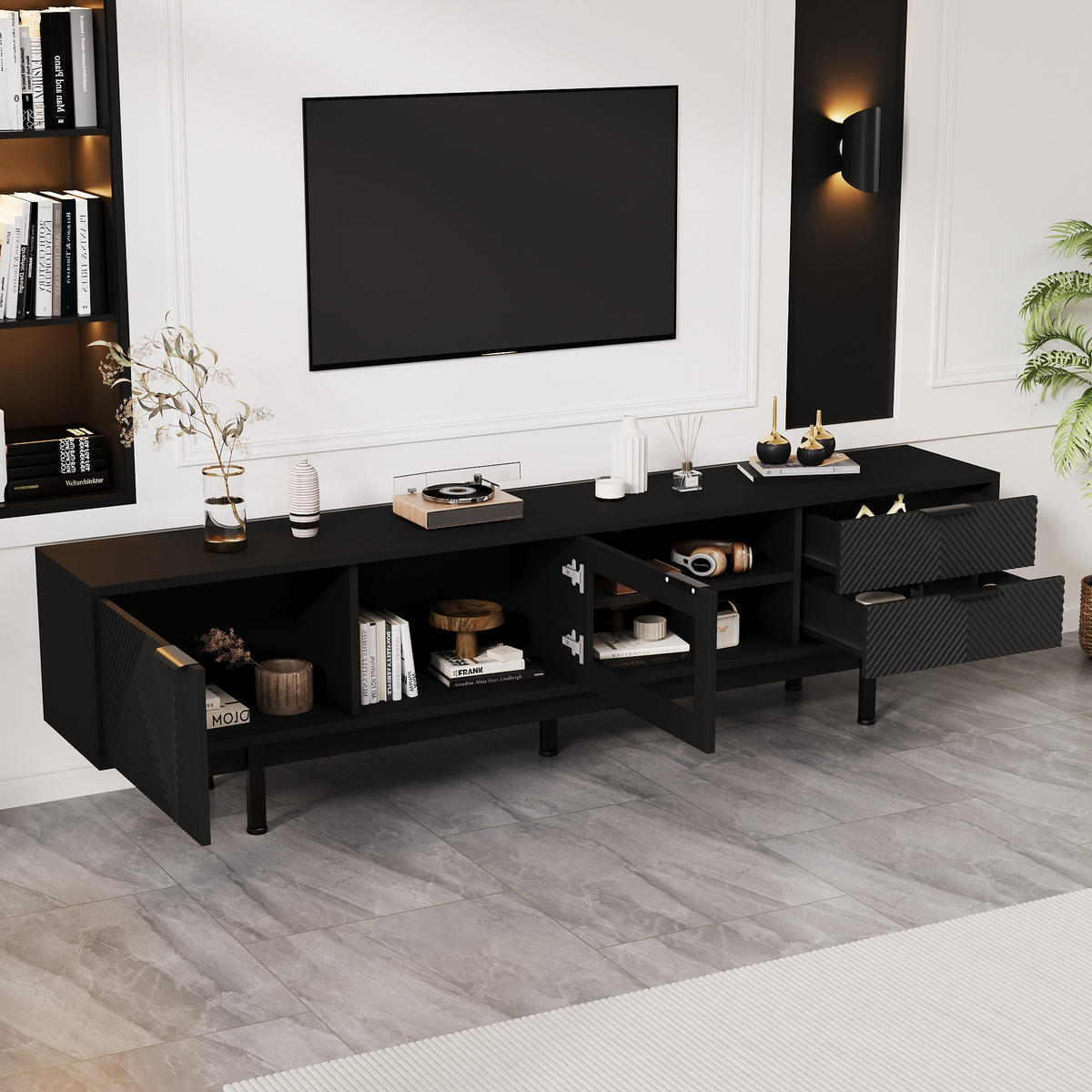 TV-SCHRANK schwarz aus Spanplatte mit Glastür 200 × 40 × 50,5 cm - Schwarz, Holzwerkstoff (200/50.5/40cm) - Luhomfu