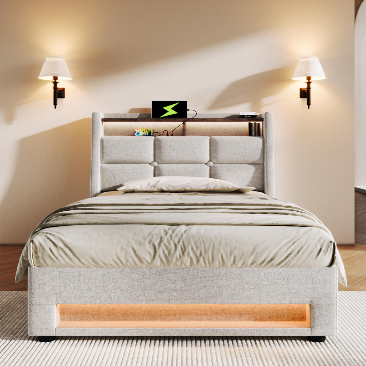 POLSTERBETT 90/200 cm in Beige mit USB-Anschluss, LED-Beleuchtung und Stauraum - Beige, Textil (90/200cm) - Flora Grace