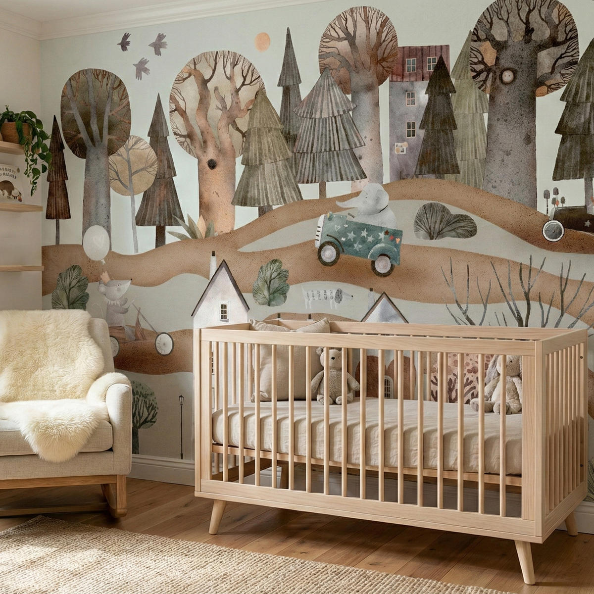 FOTOTAPETE für Kinderzimmer Fantastische Stadt Häuser Wald Tiere Autos 250x175 - Beige/Braun, Papier (250/175cm) - Muralo