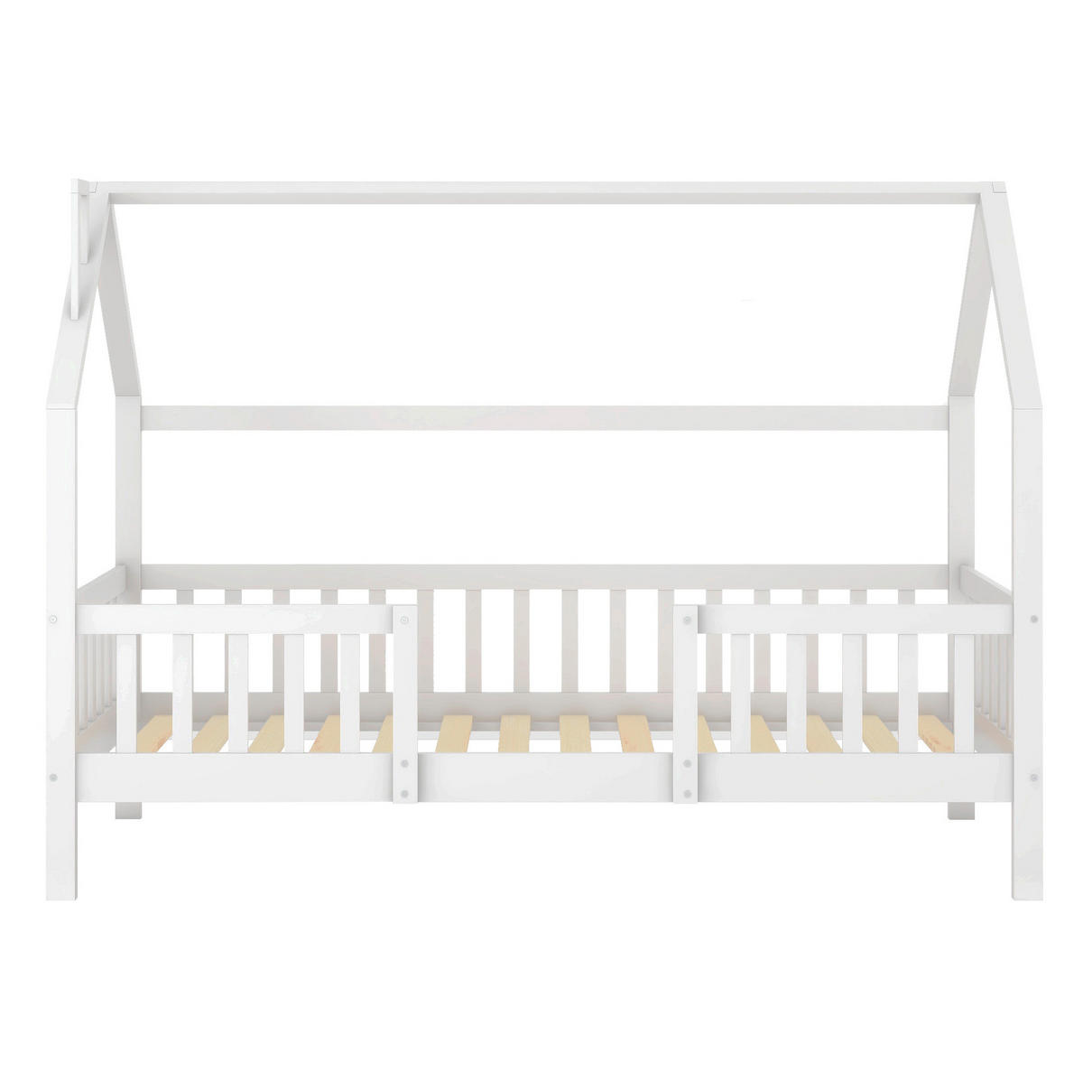 KINDERHAUSBETT 90/200 cm Weiß aus Kiefernholz mit Dach und Zaun - Weiß, Holz (90/200cm) - OKMYHOME
