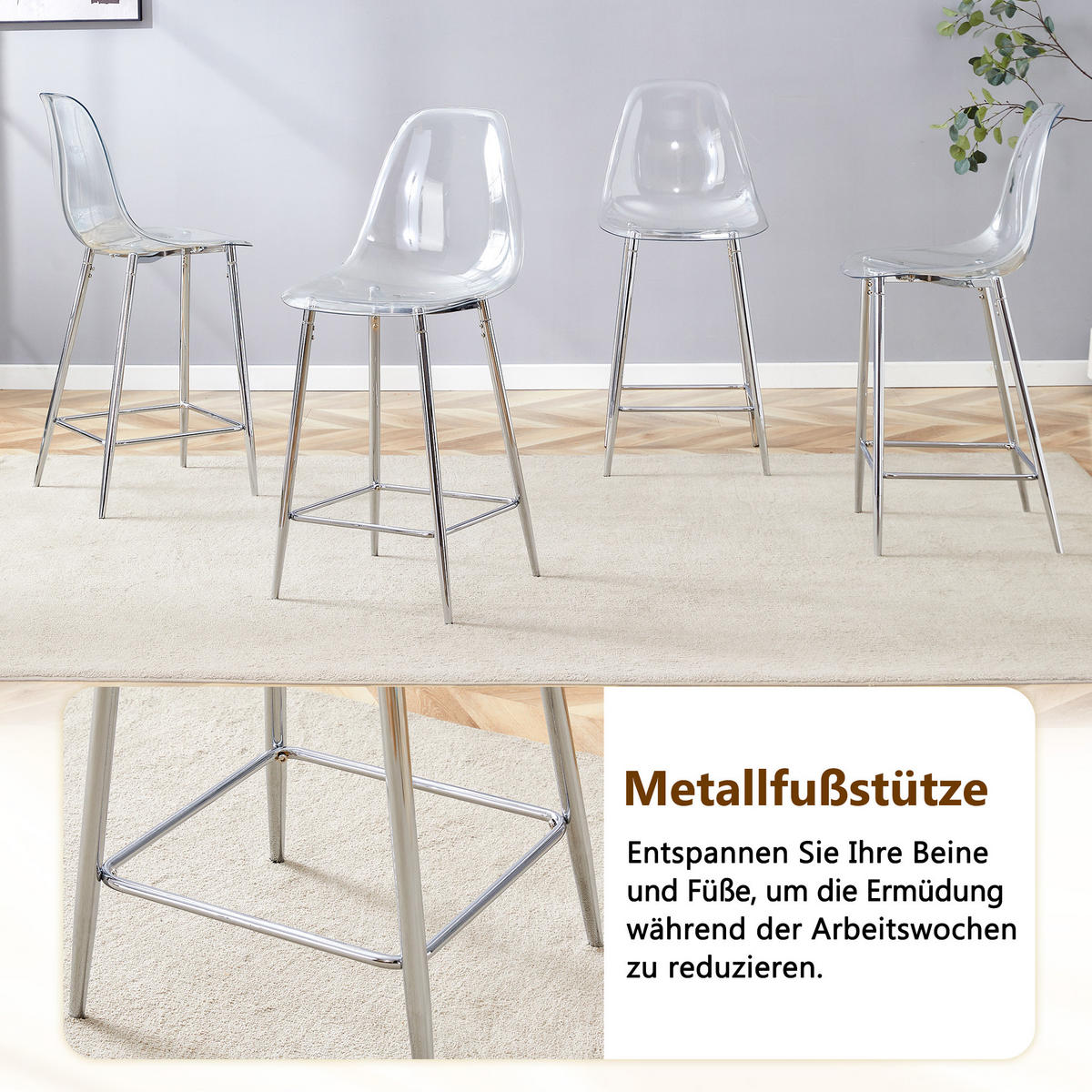 BARHOCKER DE-36582 4er Set mit transparenter Sitzschale Schwarz - Silberfarben, Kunststoff (45/102/51cm) - ComfortXL