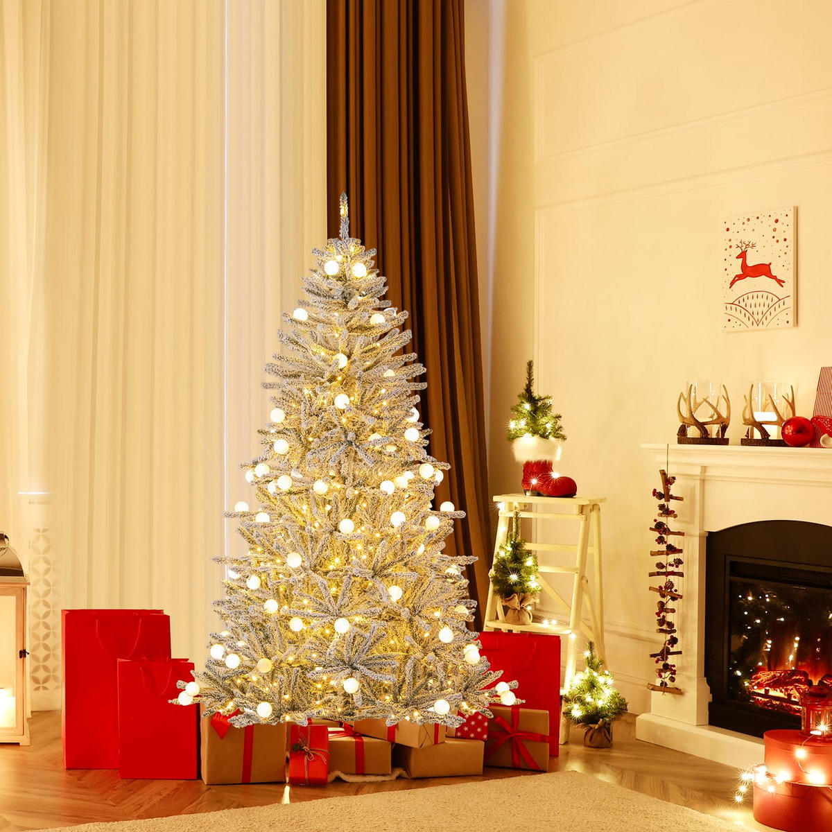 WEIHNACHTSBAUM mit Beleuchtung und Schnee Fernbedienung und Timer 180 cm weiß - Weiß, Metall (180cm) - COSTWAY