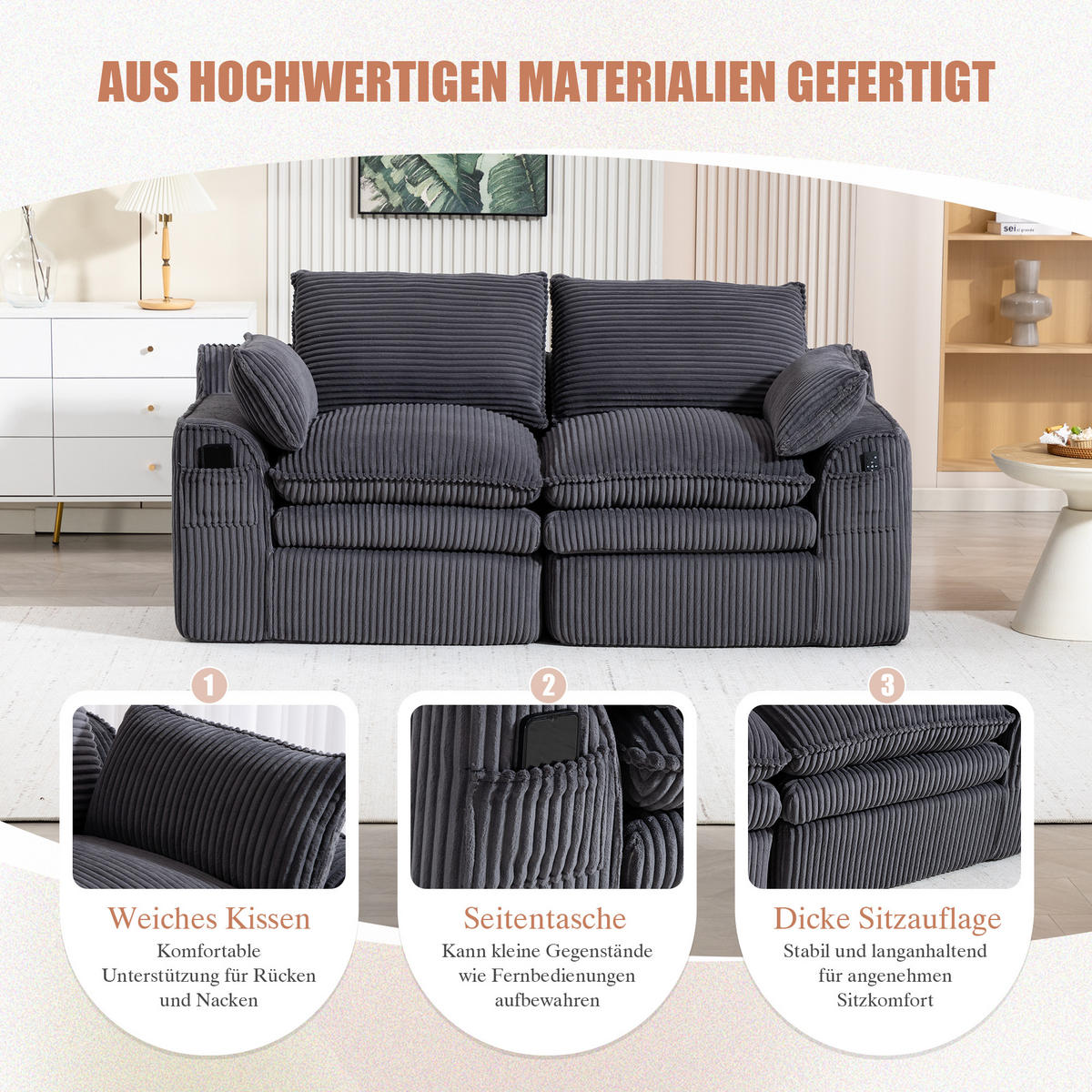 2-SITZER SOFA cordstoff mit seitentaschen & federkern - Dunkelgrau, Textil (191/85/94cm) - Urban Meuble