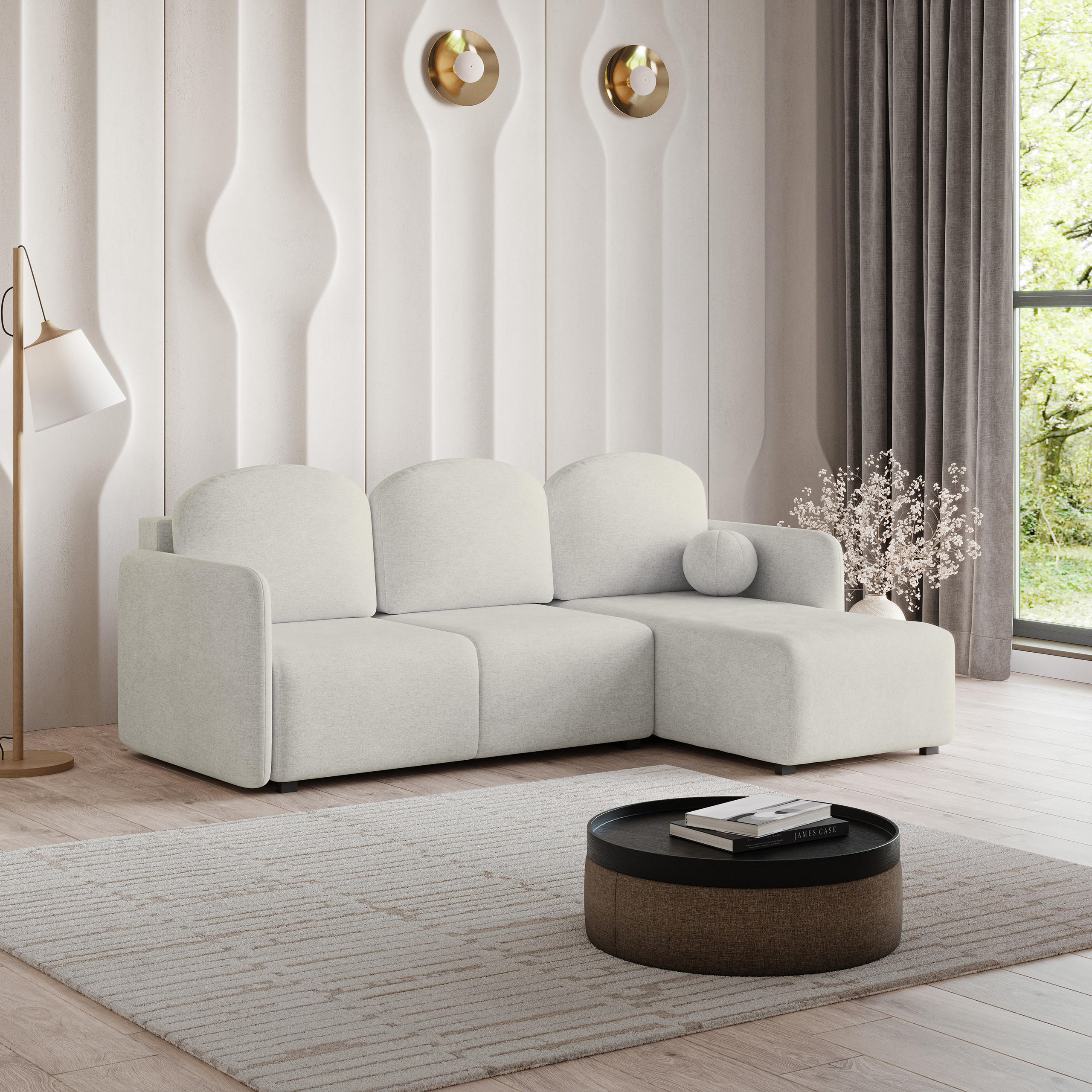 ECKSOFA SUVINO Creme Geflochtener Stoff mit Schlaffunktion - Creme, Holz (230/143cm) - MASSENO