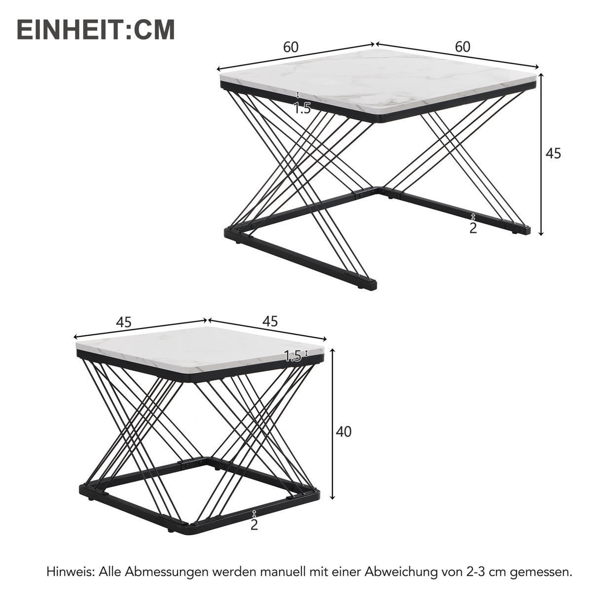 COUCHTISCH-SET aus MDF 60x60x45 / 45x45x40 cm Schwarz/Weiß mit Marmoroptik und höhenverstellbaren Füßen - Schwarz, Holzwerkstoff (60/60/45cm) - Modfu