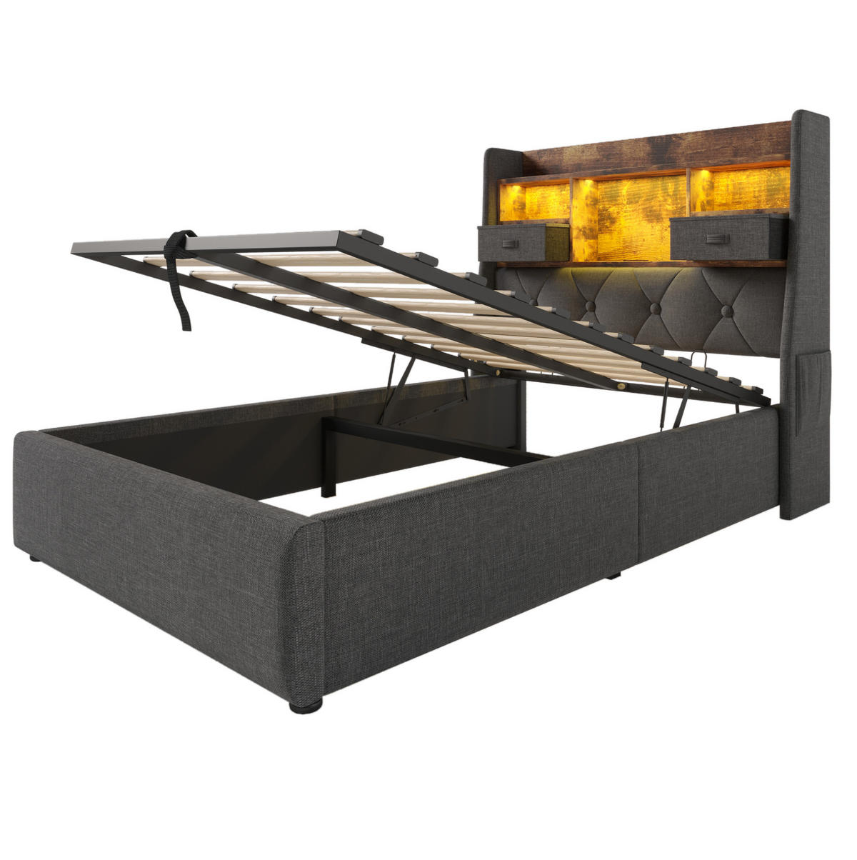 POLSTERBETT 90/200 cm mit LED-Beleuchtung, USB- und Type-C-Anschluss, hydraulischem Stauraum, Leinen, Grau - Grau, Textil (90/200cm) - Redom