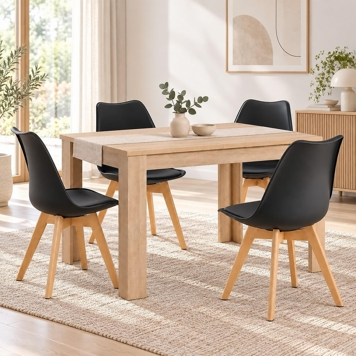 TISCHGRUPPE 120/80 cm Natur mit 4 Stühlen schwarz - Schwarz/Naturfarben, Holz/Kunststoff (80/80/120cm) - Homestyle4u