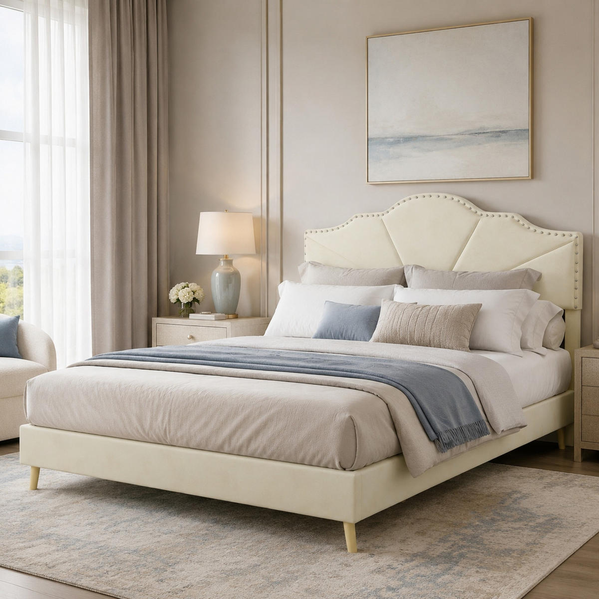POLSTERBETT 140/200 mit weichem Kopfteil ohne Hebestange, in Beige - Beige, Holzwerkstoff/Textil (140/200cm) - EVRYAE