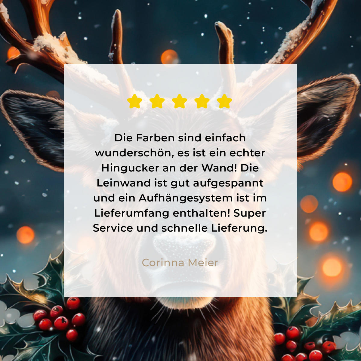 LEINWANDBILD Hirsch - Weihnachten - Winter - Schnee - Weihnachtskranz Gemälde 60x40 cm - Dunkelbraun, Textil (60/40cm) - MuchoWow