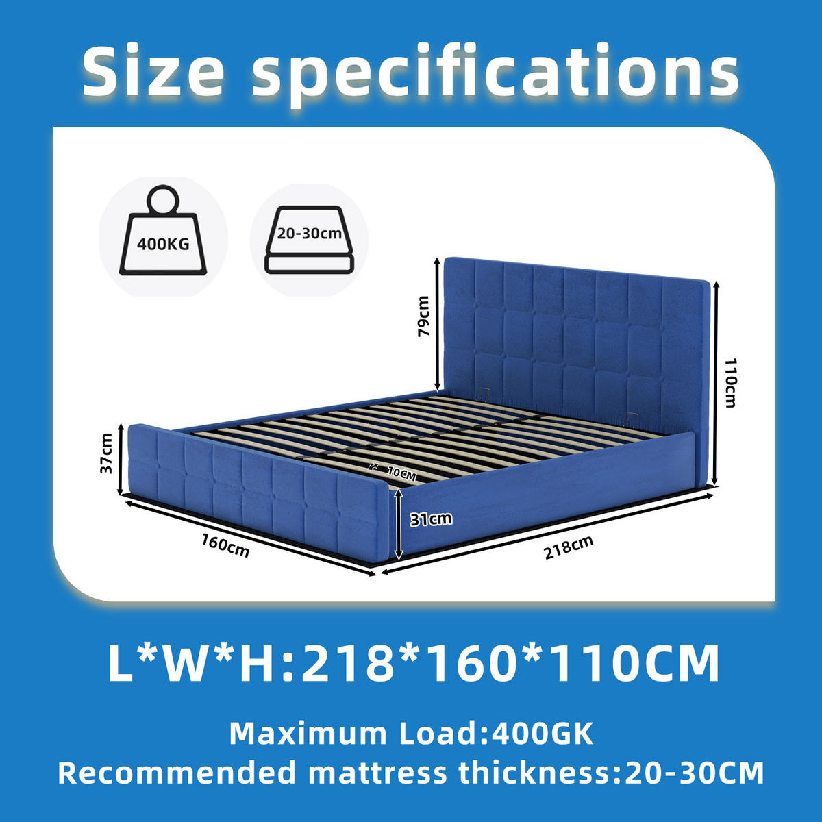 STAURAUMBETT 160/200 cm DE-35403 mit Staufach Blau - Blau, Metall (160/200cm) - ComfortXL