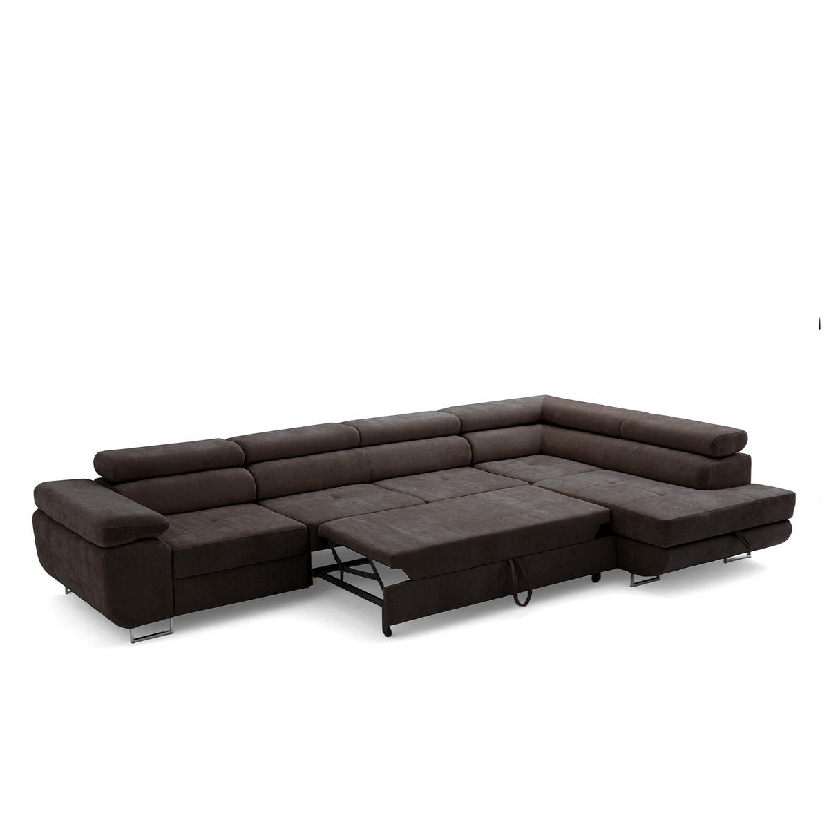 ECKSOFA WILD MAXI L Rechts mit Schlaffunktion 125x195 Chenille Dunkelbraun - Chromfarben/Dunkelbraun, Holz/Textil (350/203cm) - Muffo