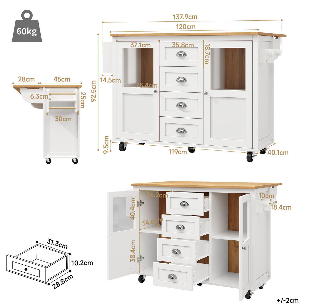 KÜCHENINSEL 137,9/73/92,5 cm aus MDF und Metall mit klappbarer Arbeitsfläche Weiß - Weiß, Holzwerkstoff (137.9/92.5/73cm) - Modenvie