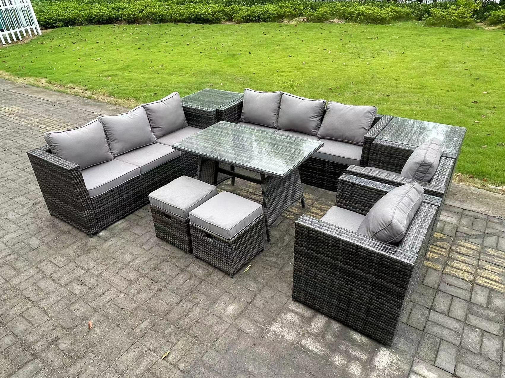GARTENMÖBELSET mit 2 Hockern,Beistelltisch 10-Sitzer Grau - Dunkelgrau/Grau, Glas/Kunststoff - Fimous