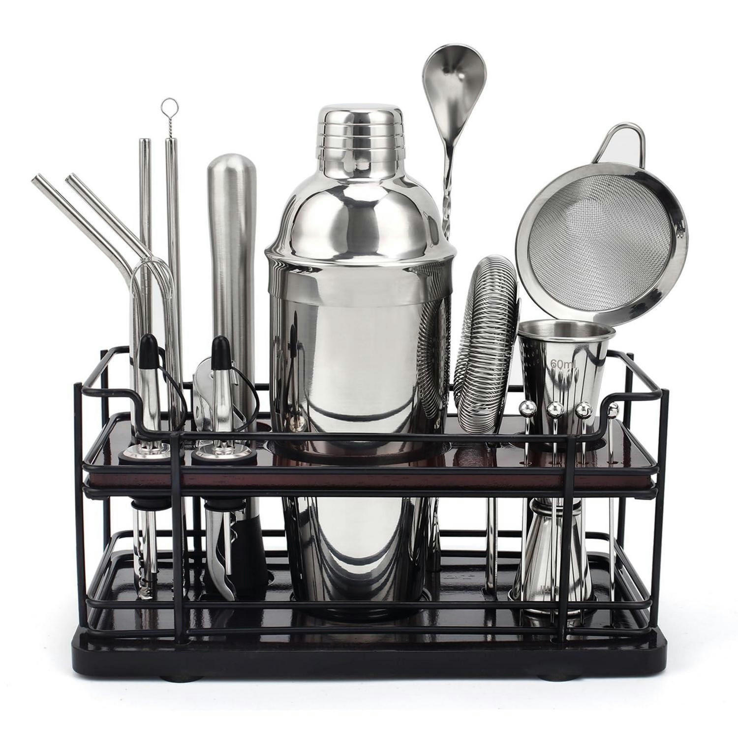 COCKTAIL Shaker Set 20-teilig Edelstahl 750 ml mit Ständer - Silberfarben, Metall (25/15/30cm)