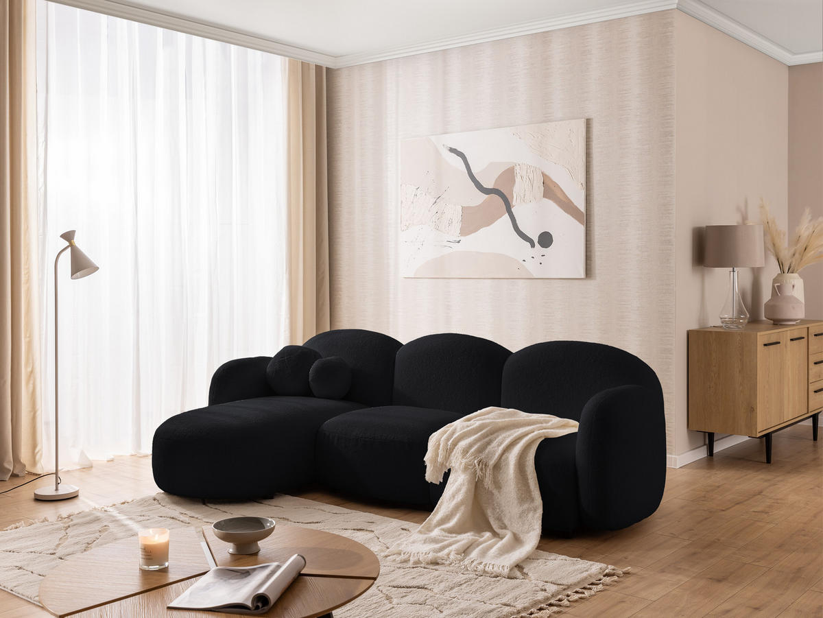 ECKSOFA Nuvola mit abgerundetem Design Schwarz Bouclé-Stoff - Ottomane Links - Schwarz, Holz/Kunststoff (268/146cm) - S-Style Möbel