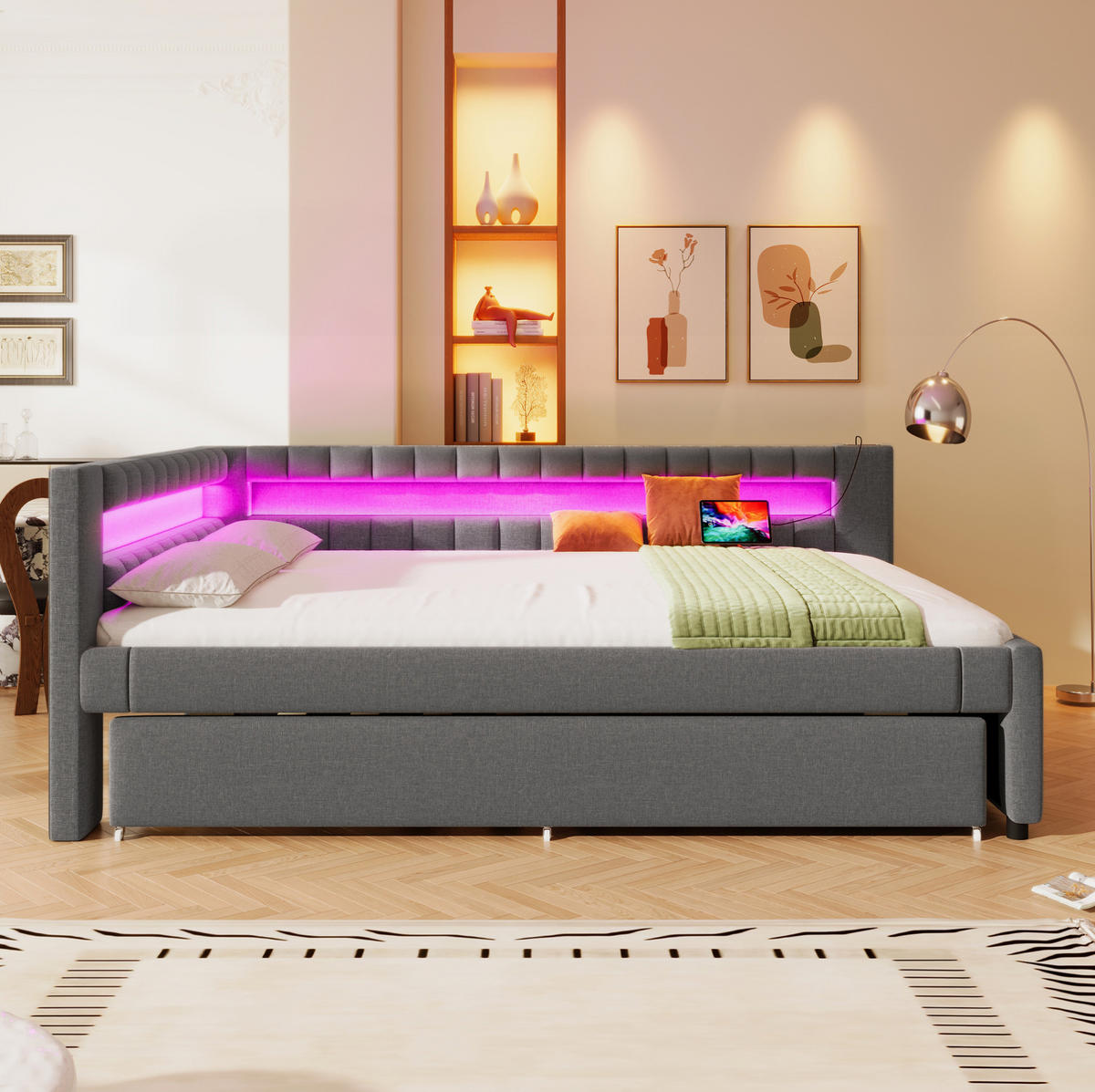 ČALÚNENÁ posteľ 140/200 cm sivá, ľanový poťah, s výsuvným lôžkom, LED osvetlením a USB/USB-C - sivá, textil (140/200cm) - BEAOK
