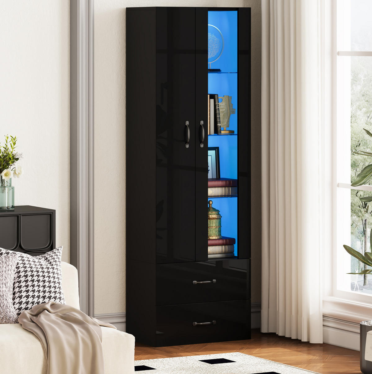 VITRINE 59,5/35/182 cm aus Holzwerkstoff mit LED-Beleuchtung und Acryltür Schwarz - Schwarz, Holzwerkstoff (60/182/35cm) - Modenvie