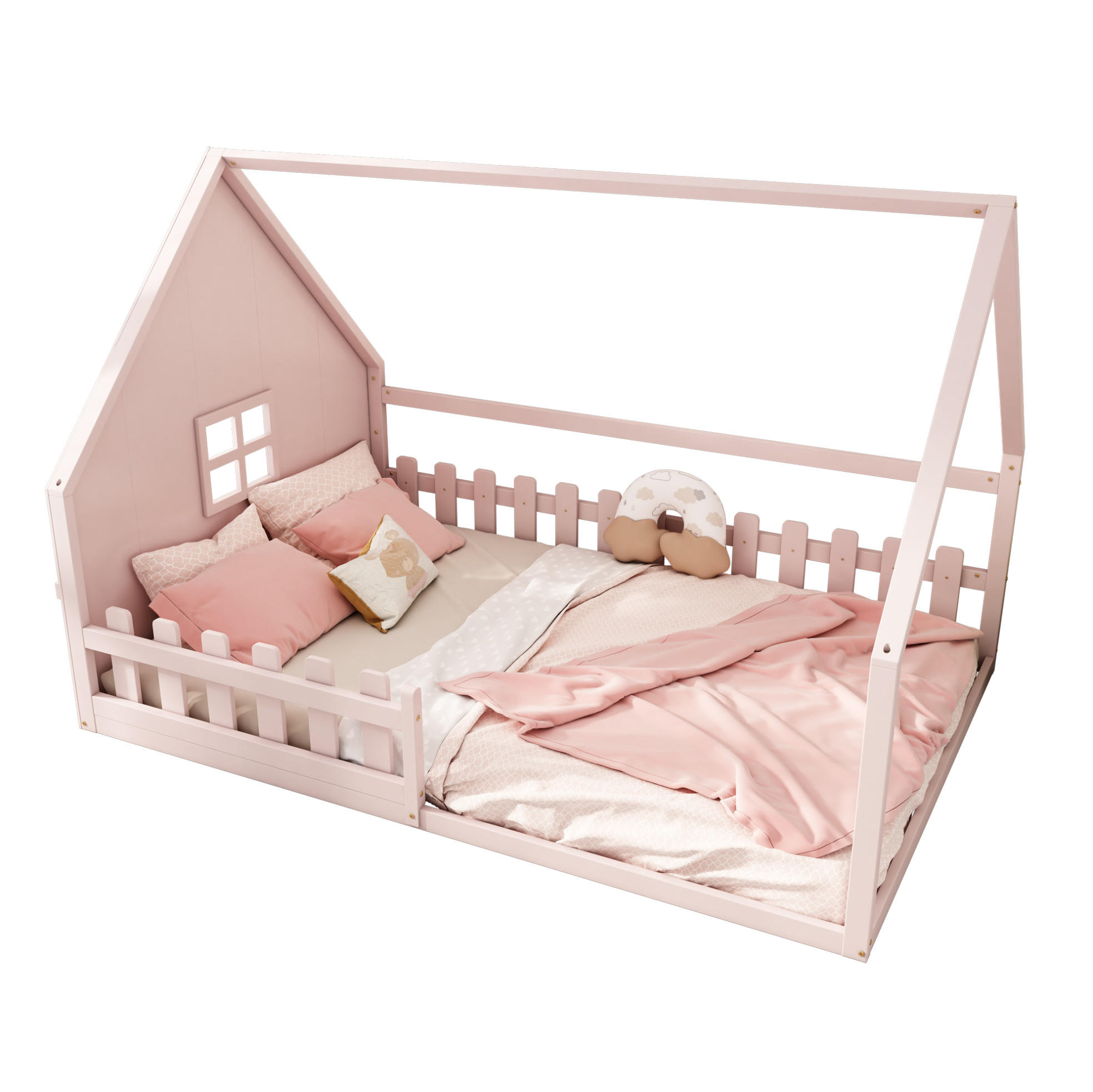 HAUSBETT 140/200 cm in Rosa – aus Kiefernholz mit Dachrahmen und Geländer - Rosa, Holz (140/200cm) - BEAOK