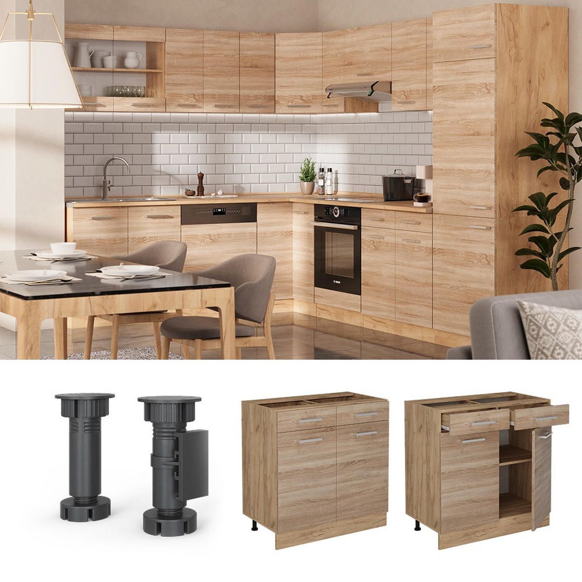 KÜCHENUNTERSCHRANK R-Line Sonoma 80 cm , AP Eiche - Honigeiche/Eiche Wotan, Holzwerkstoff (80/81.6/60cm) - Vicco