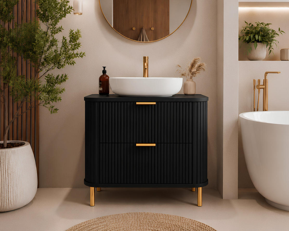 BADEZIMMERSCHRANK : Farbe Schwarz, Griff gold, Füße gold, 80 x 41,5 x 66,7 cm - Goldfarben/Schwarz, Holzwerkstoff (80/66.7/41.5cm) - 3XE LIVING
