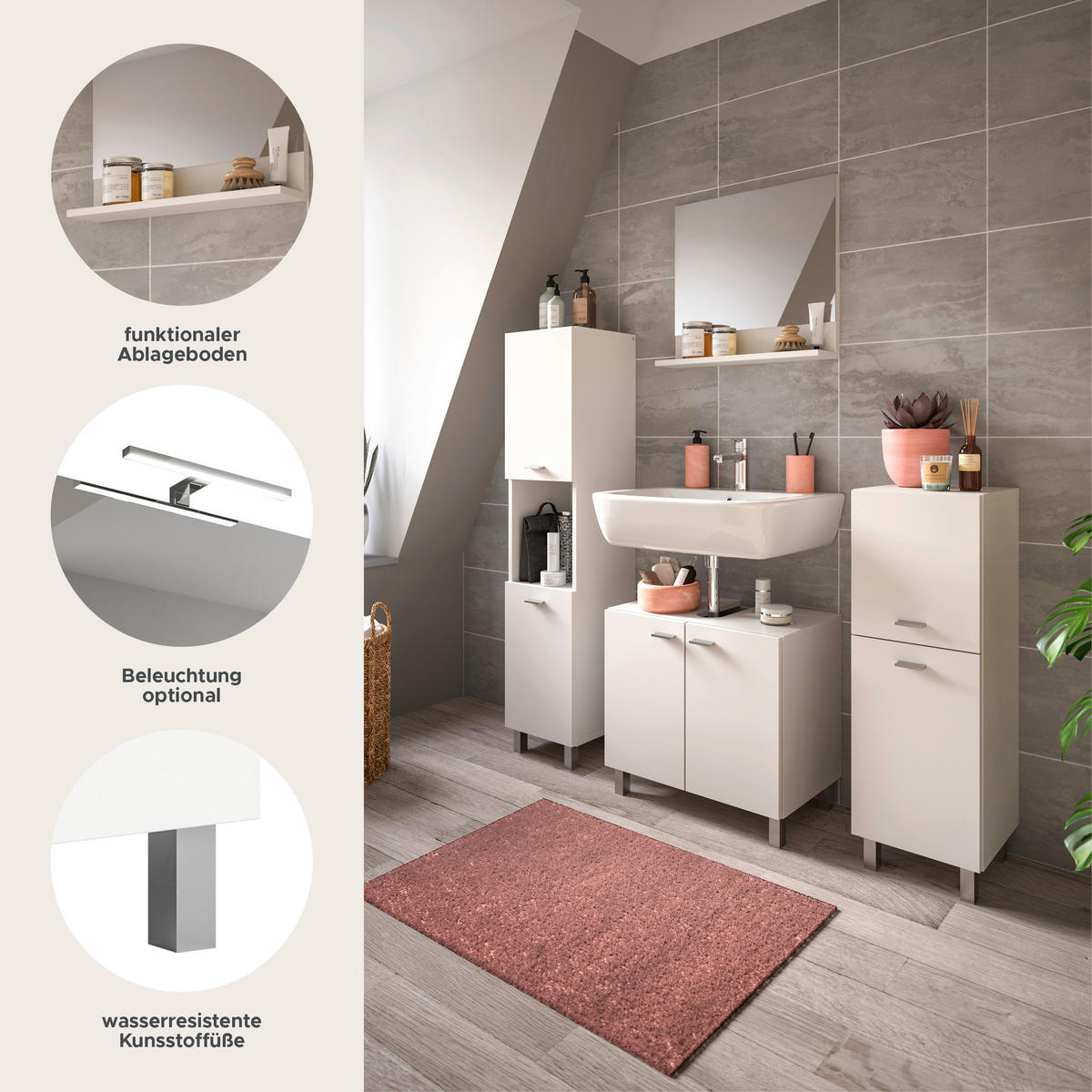 BADKOMBINATION 4tlg. Boston/Tampa Bad in weiß Nachbildung - modernes Design - B/H/T: 137x186x33 cm - Weiß, Holzwerkstoff (137/186/33cm)