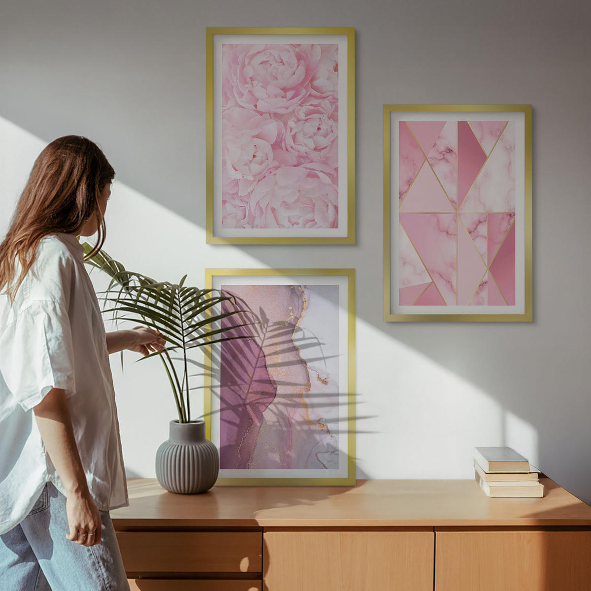 BILDER SET 3er Set - 40x60 cm Goldrahmen - Rosa geometrische Pfingstrosen - Goldfarben, Kunststoff (40/60cm) - TULUP