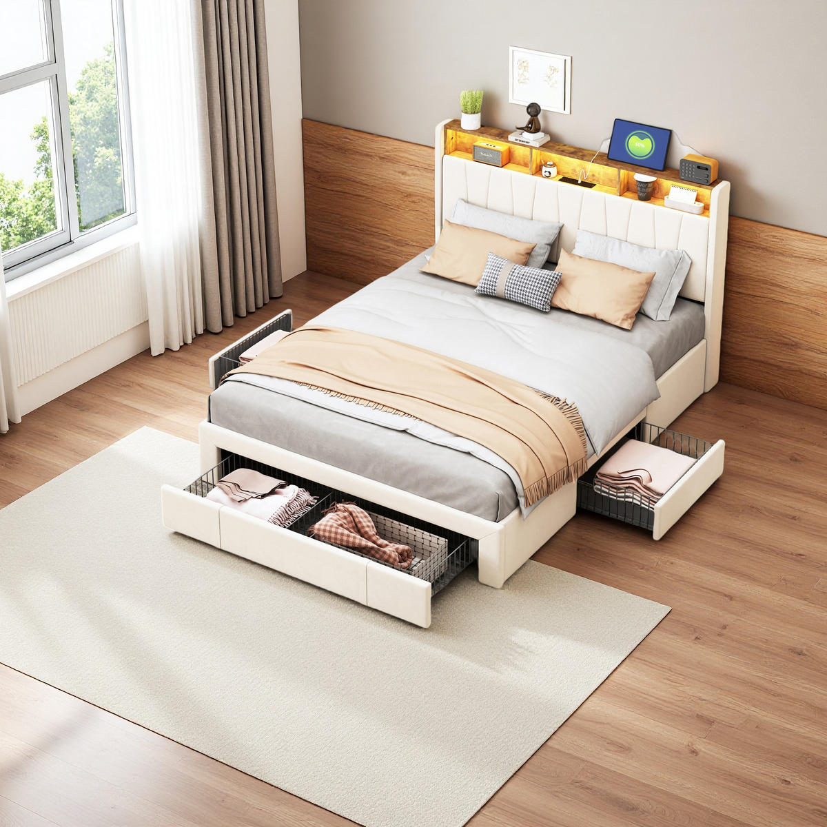 POLSTERBETT 160x200 cm LED USB 3 Schubladen Kopfteil Samt beige - Beige, Holz (160/200cm) - LEBENLANG