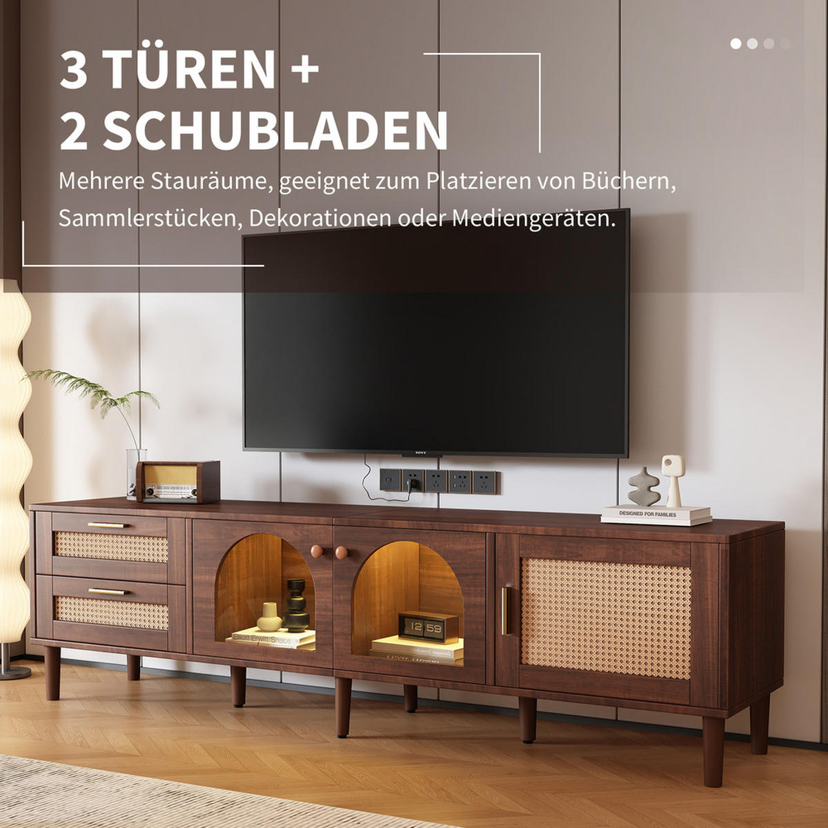TV-SCHRANK 180cm Braun Rattan Glastüren LED-Beleuchtung bis 80 Zoll - Braun, Holz (40/50/180cm) - FLIEKS