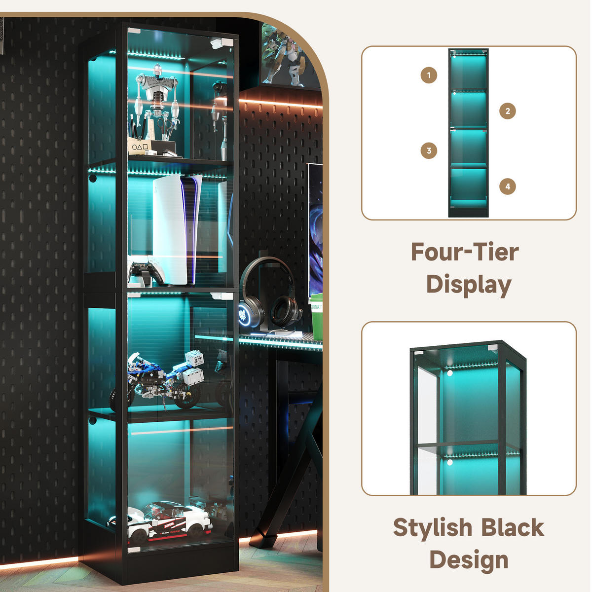 VITRINE Glas MDF mit 4 Ebenen Stauraum schmal modern Push-to-Open Schrank Wohnzimmer Design - Schwarz, Glas/Holzwerkstoff (40/170/35cm) - EVRYAE