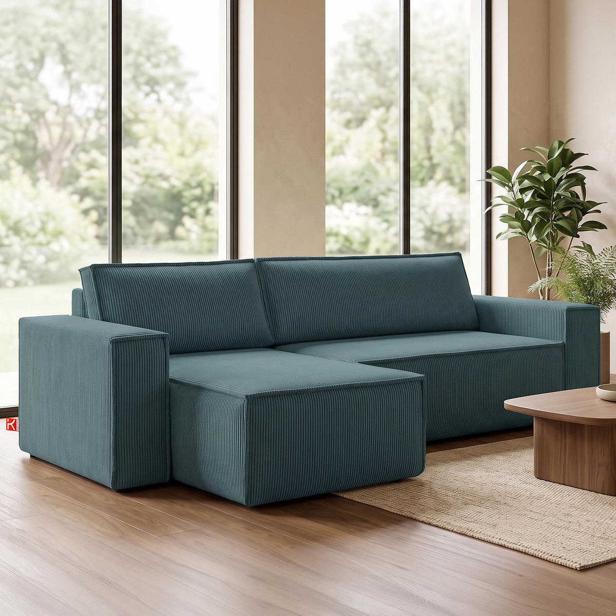 ECKSOFA-LINKS/RECHTS NAPI Schlaffunktion mit Cordbezug, Blau - Blau/Schwarz, Textil (262/148cm) - KONSIMO®