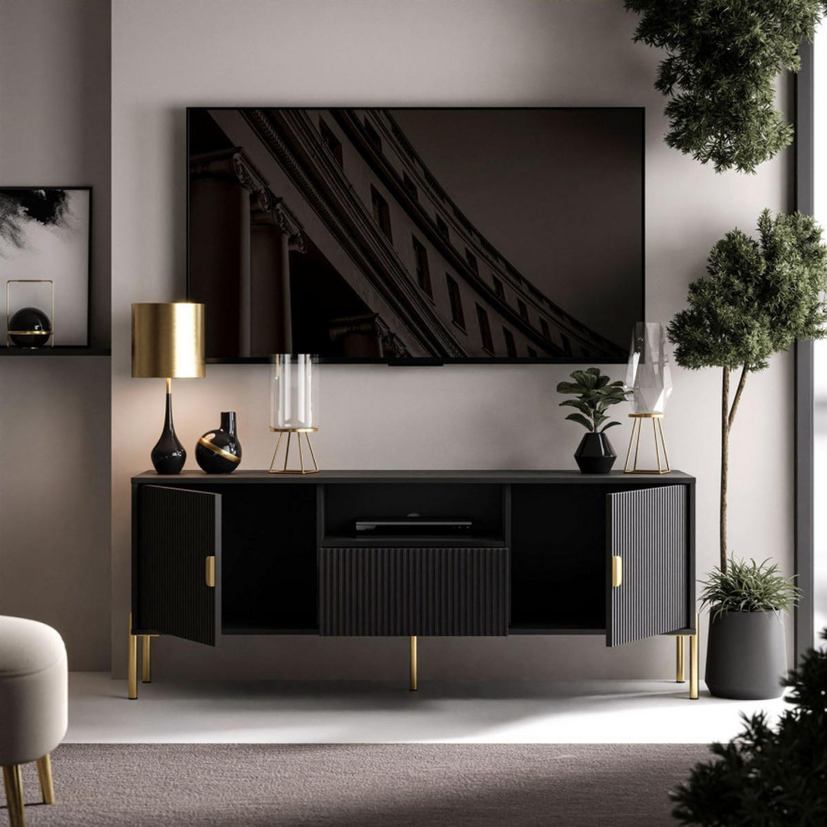TV Rack DALIA 155 cm - Goldfarben/Schwarz, Holzwerkstoff (155/58/40cm) - Lookway