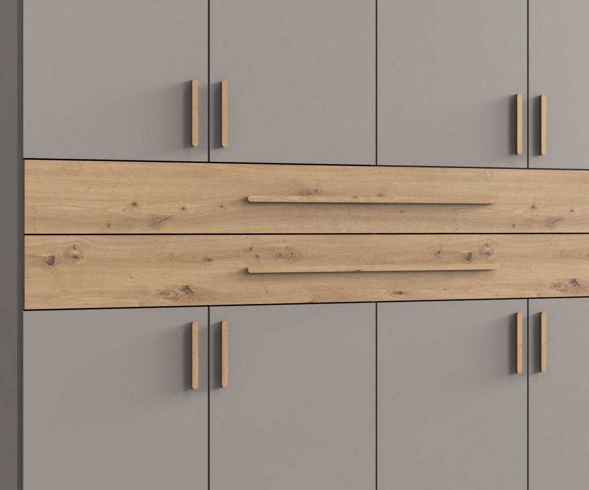 SKŘÍŇ S OTOČNÝMI DVEŘMI B270/H208/T58 cm, pískově šedá, šatní skříň se 2 zrcadlovými dveřmi, 2 zásuvkami a úchytkami v dekoru dub Artisan / 22647 - písková barva/dub artisan, kompozitní dřevo/plast (270/208/58cm) - luma-home