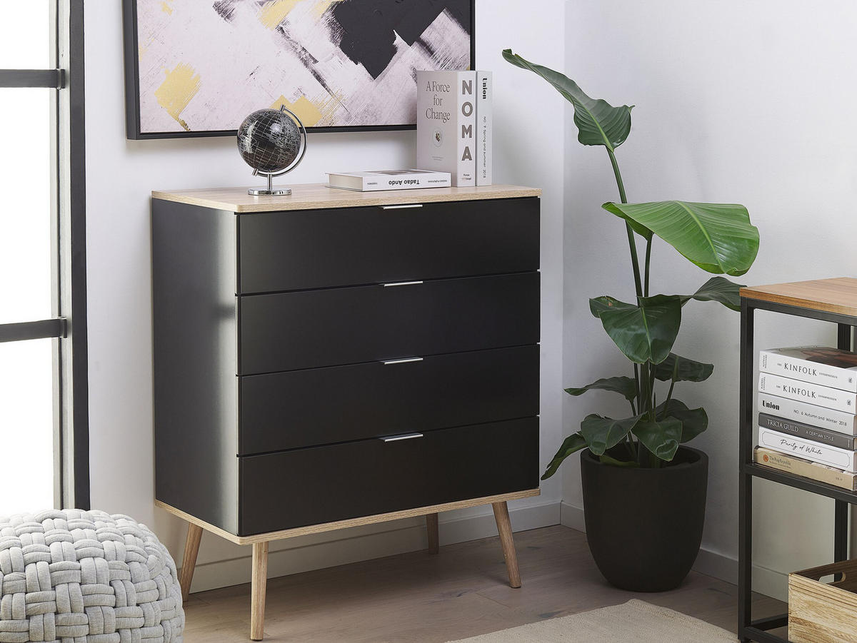 KOMMODE 4 Schubladen schwarz/heller Holzfarbton Walpi - Hellbraun/Schwarz, Holzwerkstoff (79/93/40cm) - Beliani