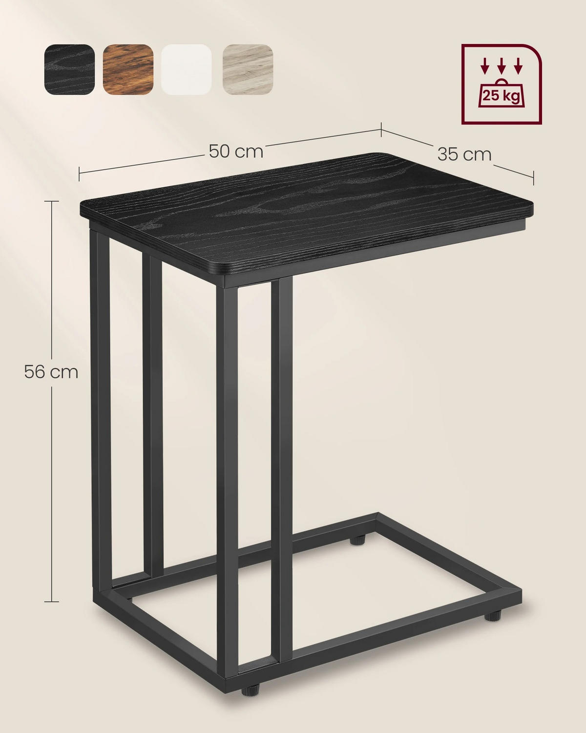 BEISTELLTISCH, Schwarz, C-Form, mit Rollen, 35 x 50 x 60 cm - Schwarz, Holzwerkstoff (35/50/56cm) - Kaket