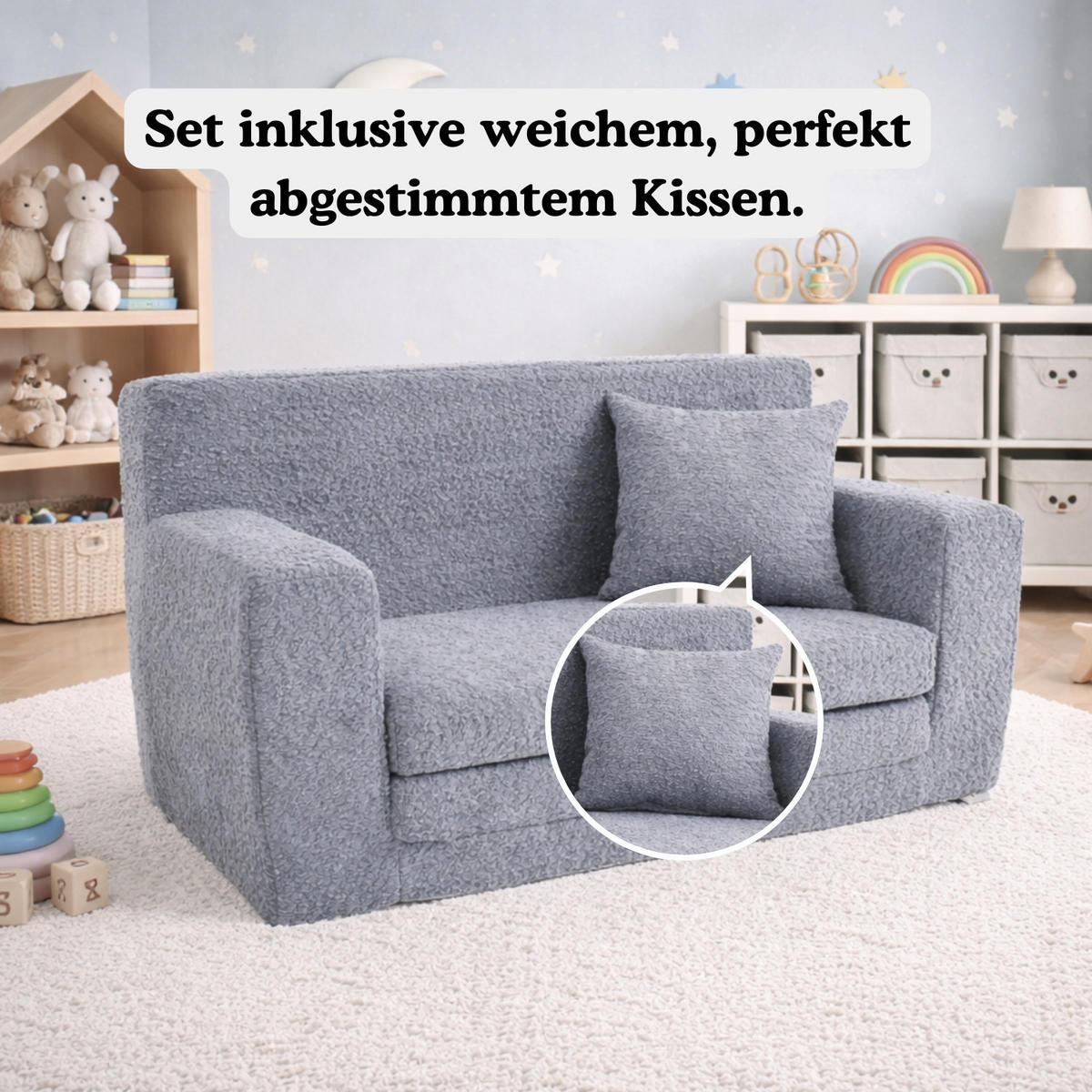 KINDERSOFA David – Stilvoller Komfort für das Kinderzimmer - In den Trendfarben - Grau, Textil (83/47/43cm) - Fortisline