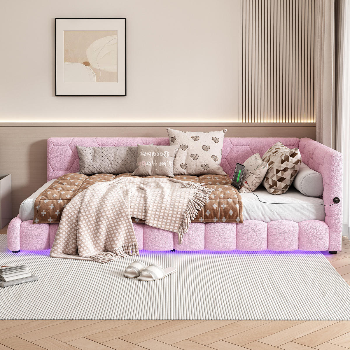 TAGESBETT 90/200 cm rosa mit USB-Anschluss und 16 Farben LED-Beleuchtung - Rosa, Textil (90/200cm) - OKWISH