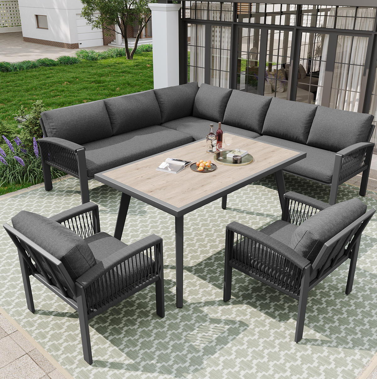 VRTNI lounge set za 8 osoba 234/69/86 cm sivi od metala, poliestera i drva s užetom i podesivim nogicama - siva, metal - OKWISH