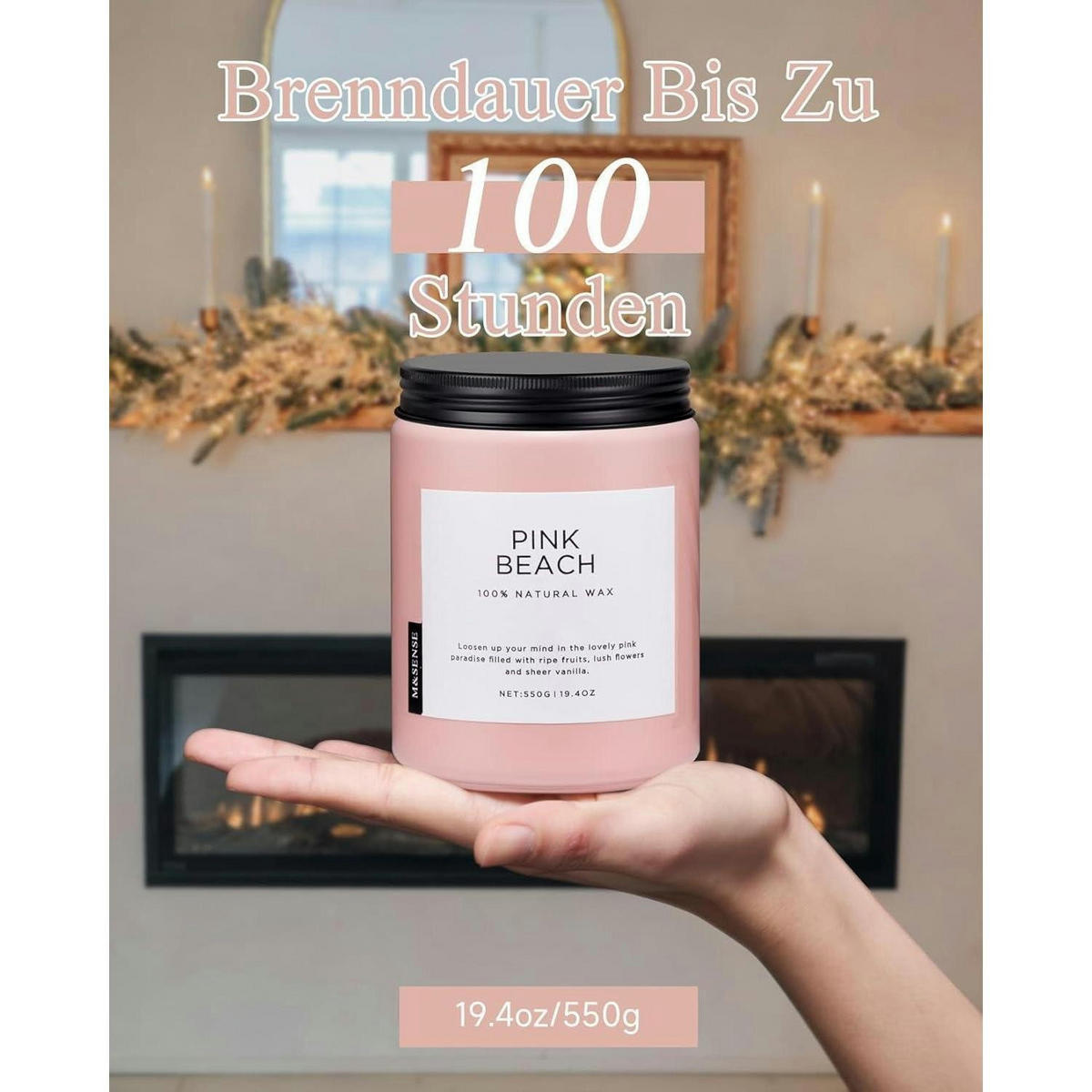 DUFTKERZE Pink Beach 550g Sojawachs 110h Brenndauer - Rosa, Paraffin (13cm)